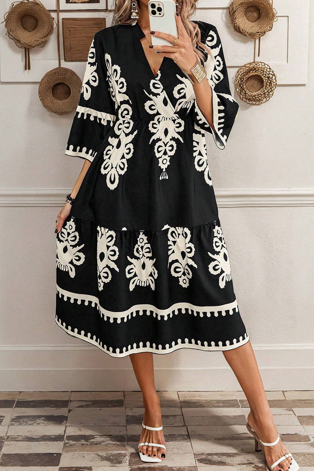 3/4 Sleeve Loose Midi Dress - Black Boho Print
