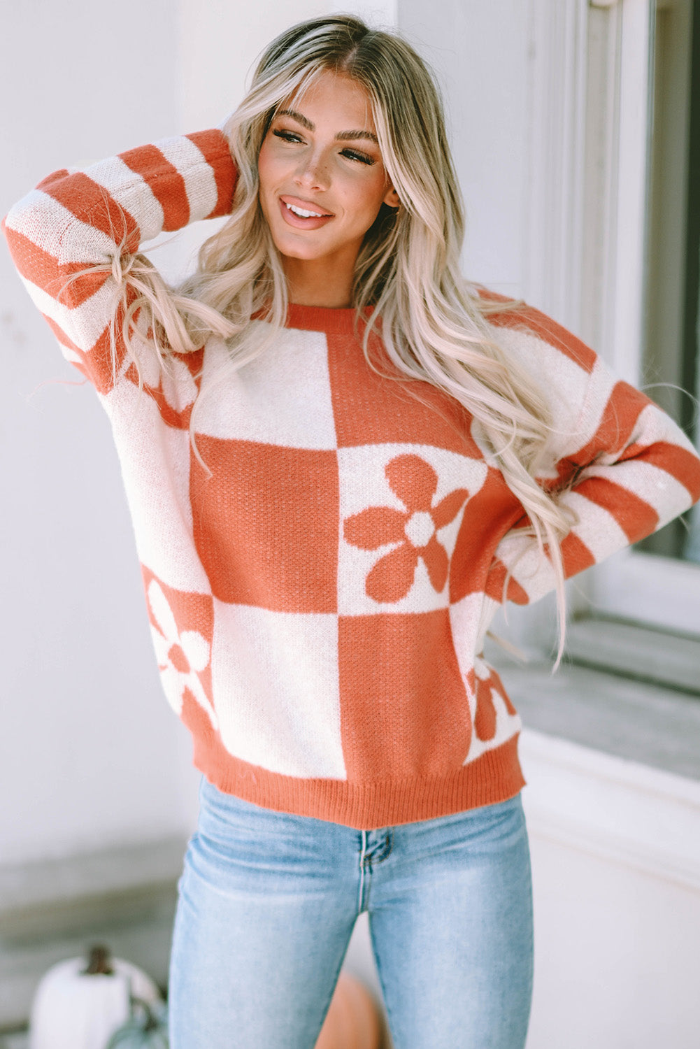 Checkered Floral Print Sweater