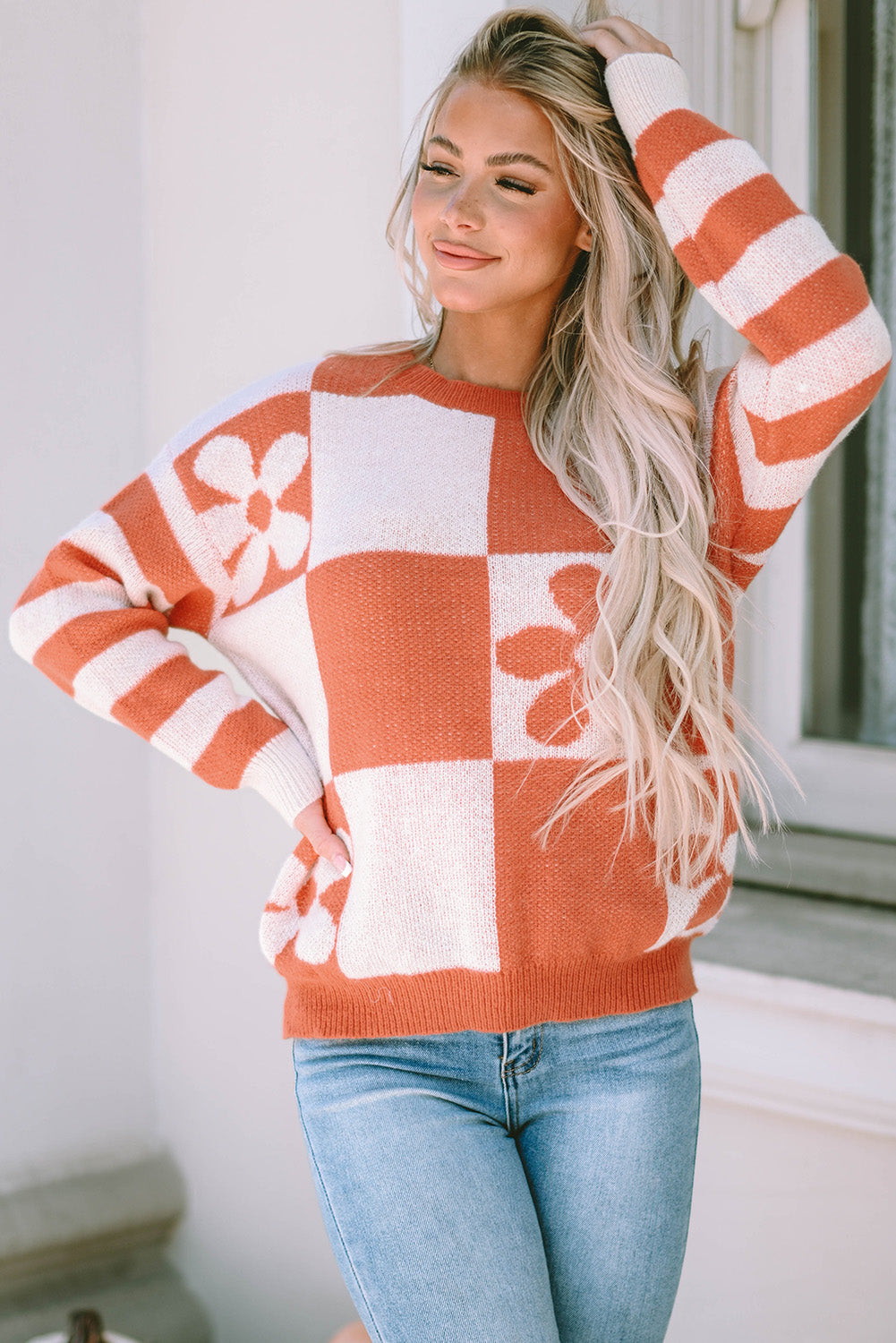 Checkered Floral Print Sweater