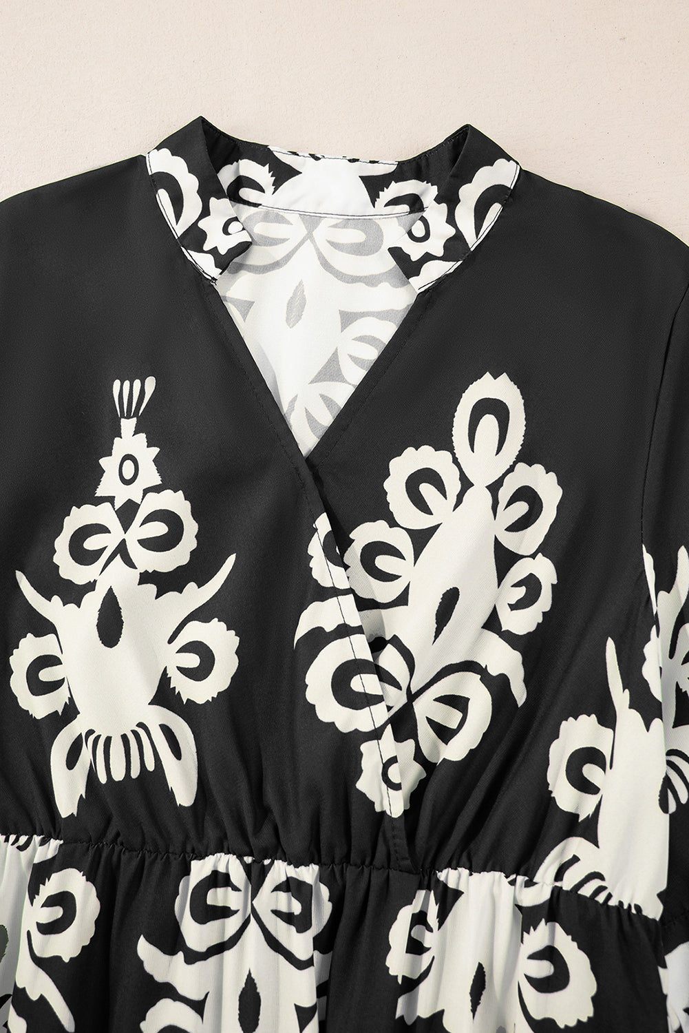 3/4 Sleeve Loose Midi Dress - Black Boho Print