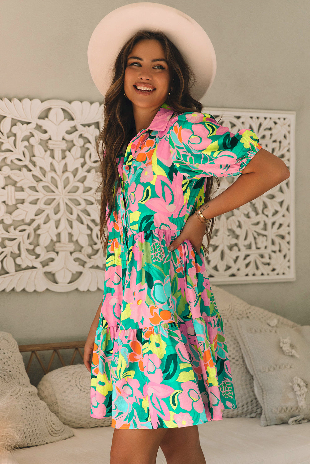 Babydoll Dress w/Floral Puff Sleeve