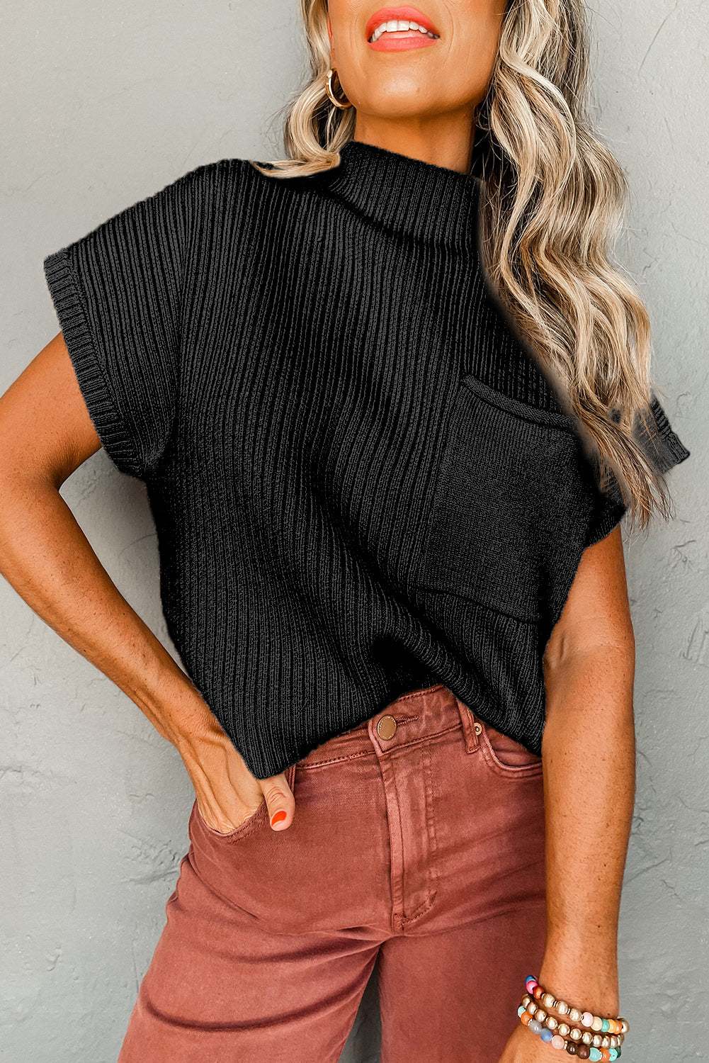 Ribbed Knit, Short Sleeve Sweater
