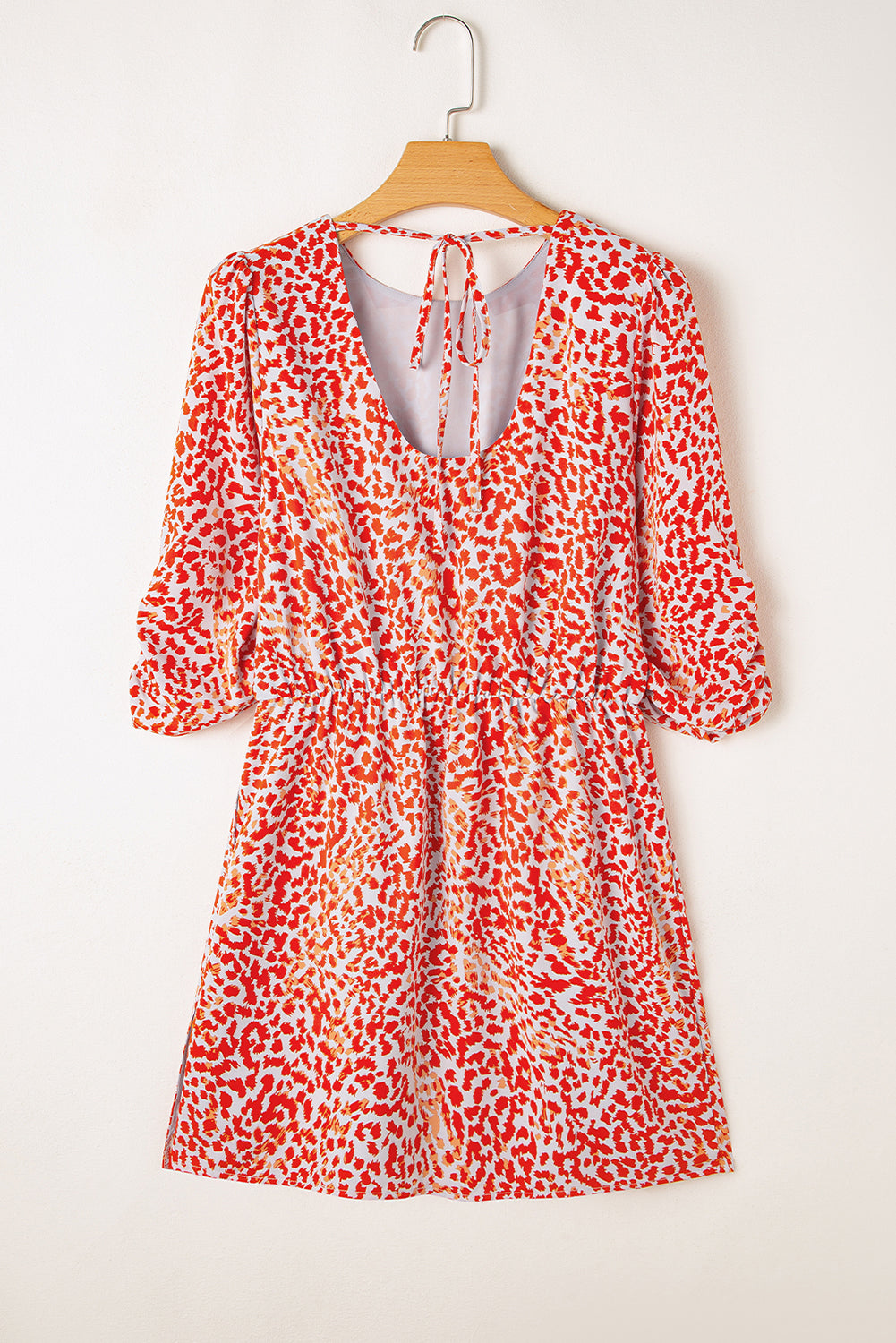 Tomato Red, Leopard Print Mini Dress - Long Sleeve, Hollowed Back, Split
