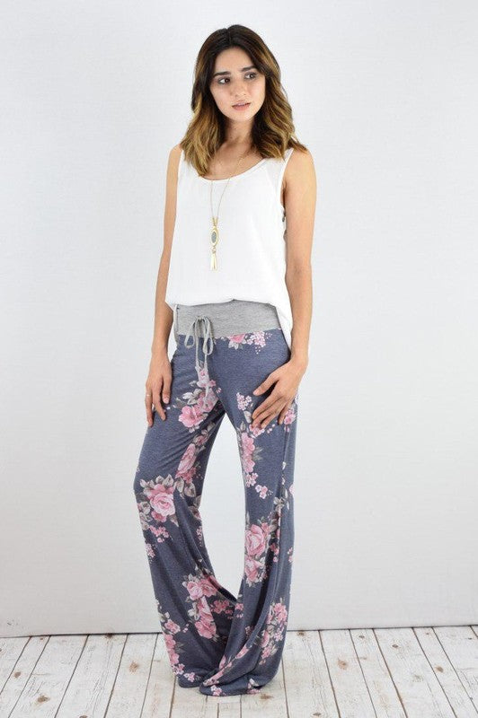 Wide-Leg Drawstring Floral Pants
