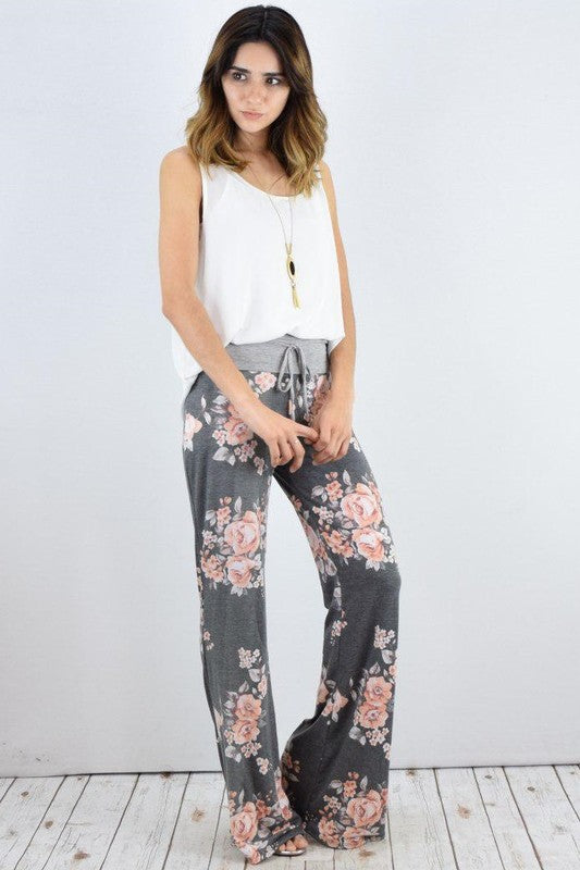 Wide-Leg Drawstring Floral Pants