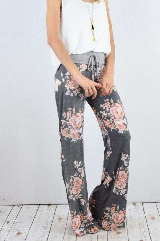 Wide-Leg Drawstring Floral Pants