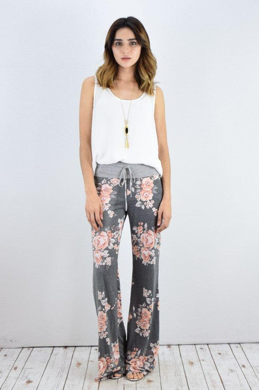 Wide-Leg Drawstring Floral Pants