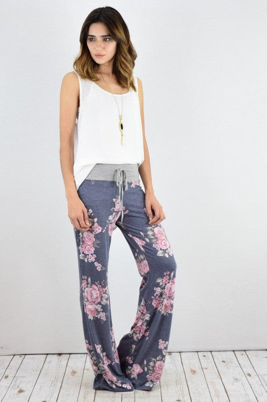 Wide-Leg Drawstring Floral Pants
