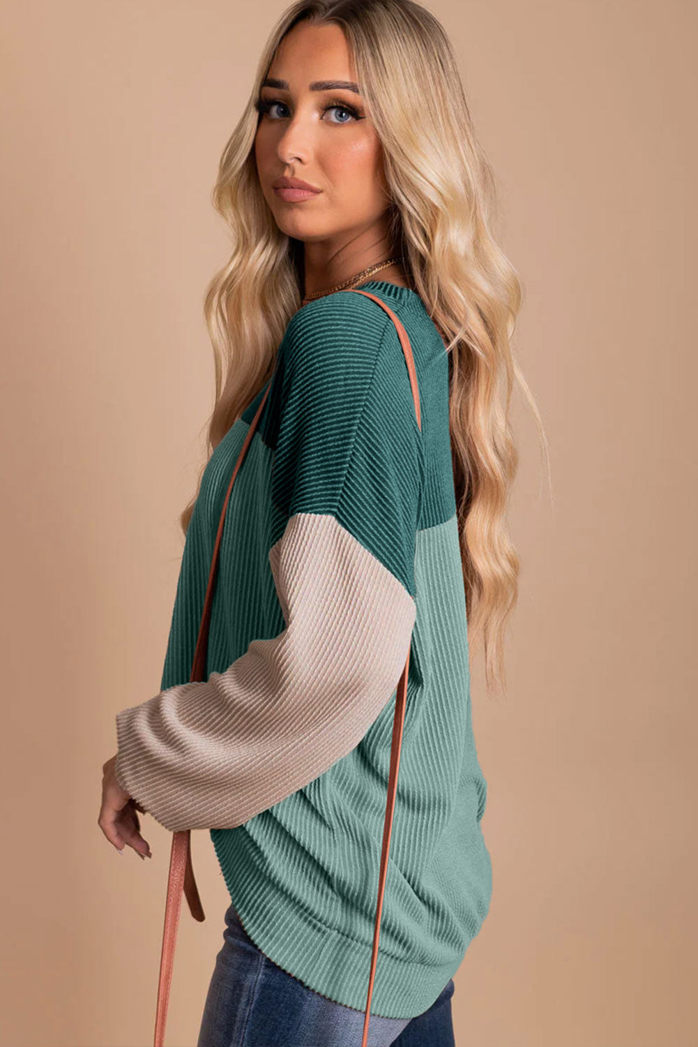 Color Block, Long Sleeve Loose Top - Ribbed Texture