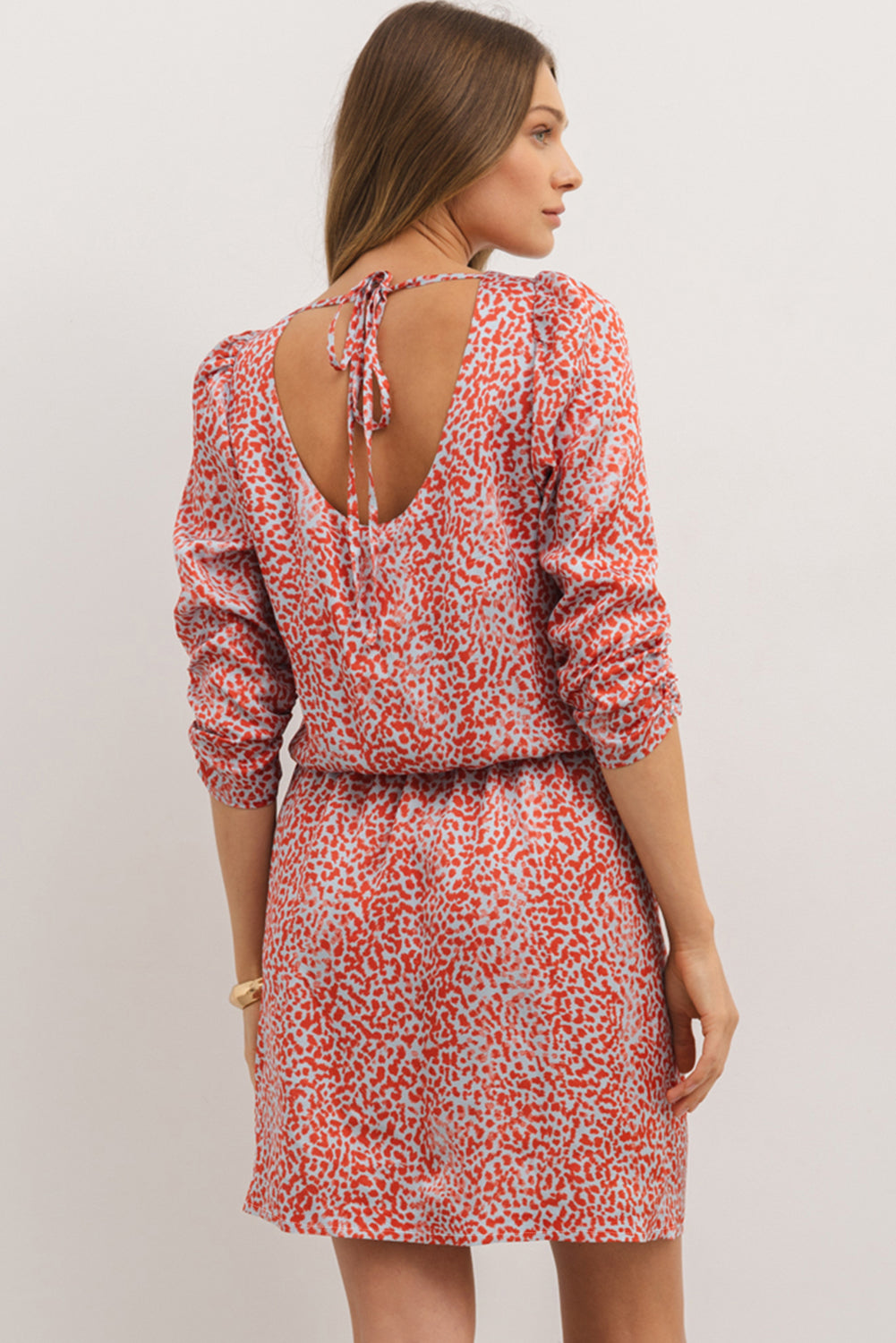 Tomato Red, Leopard Print Mini Dress - Long Sleeve, Hollowed Back, Split
