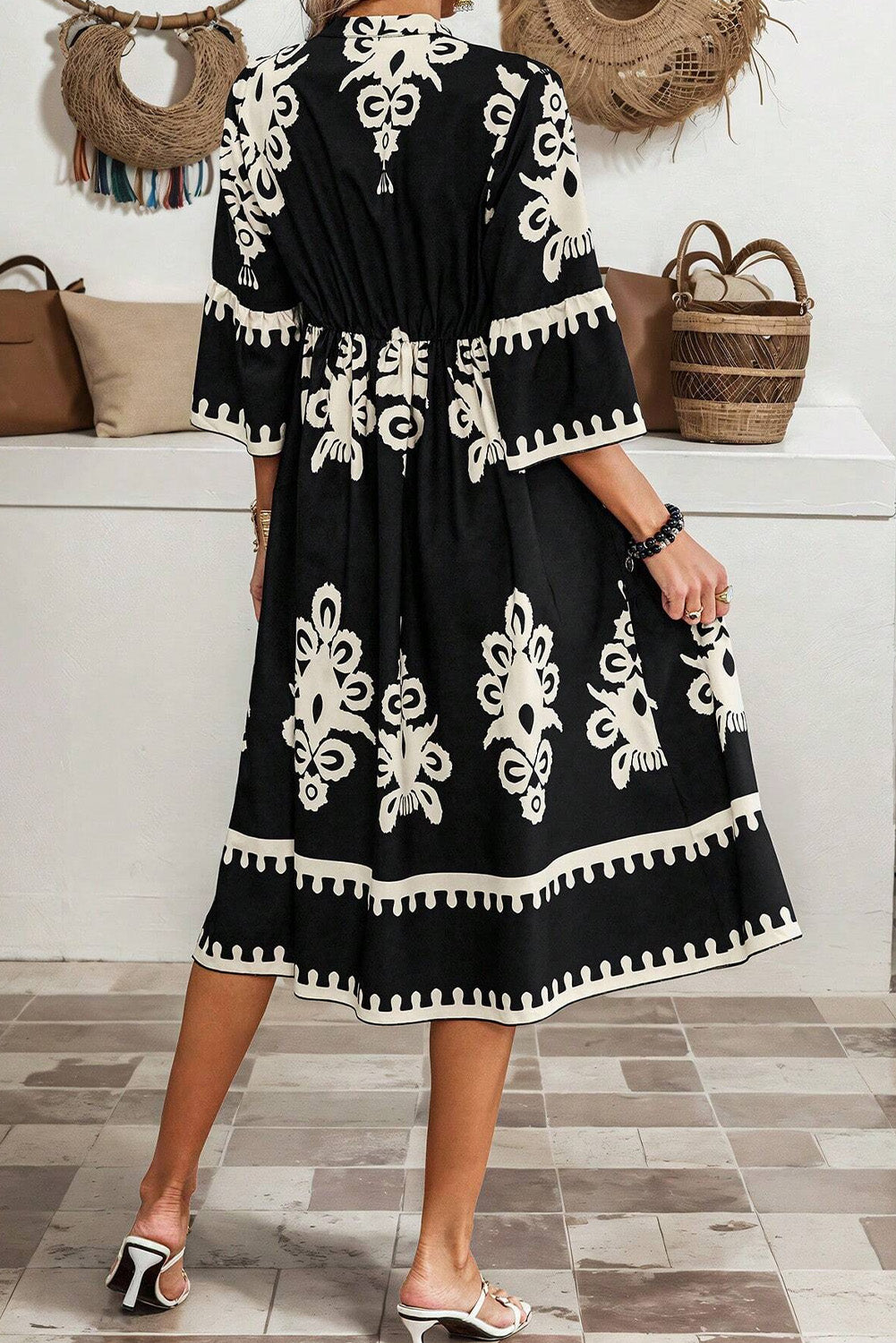 3/4 Sleeve Loose Midi Dress - Black Boho Print