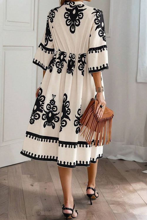 3/4 Sleeve Loose Midi Dress - Boho Print
