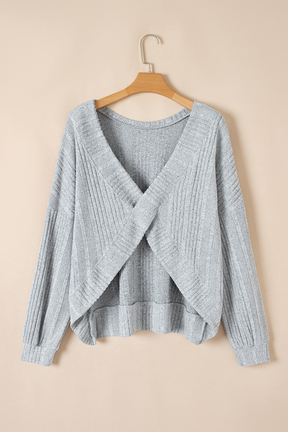 Light Grey, Crossover, Backless Long Sleeve Top