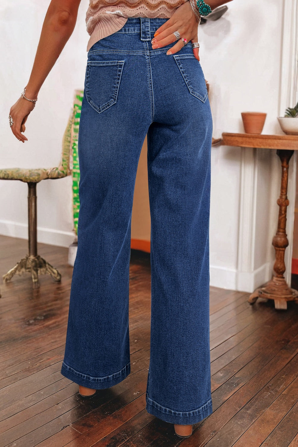 Pocketed High Waist Jeans - Wide Leg