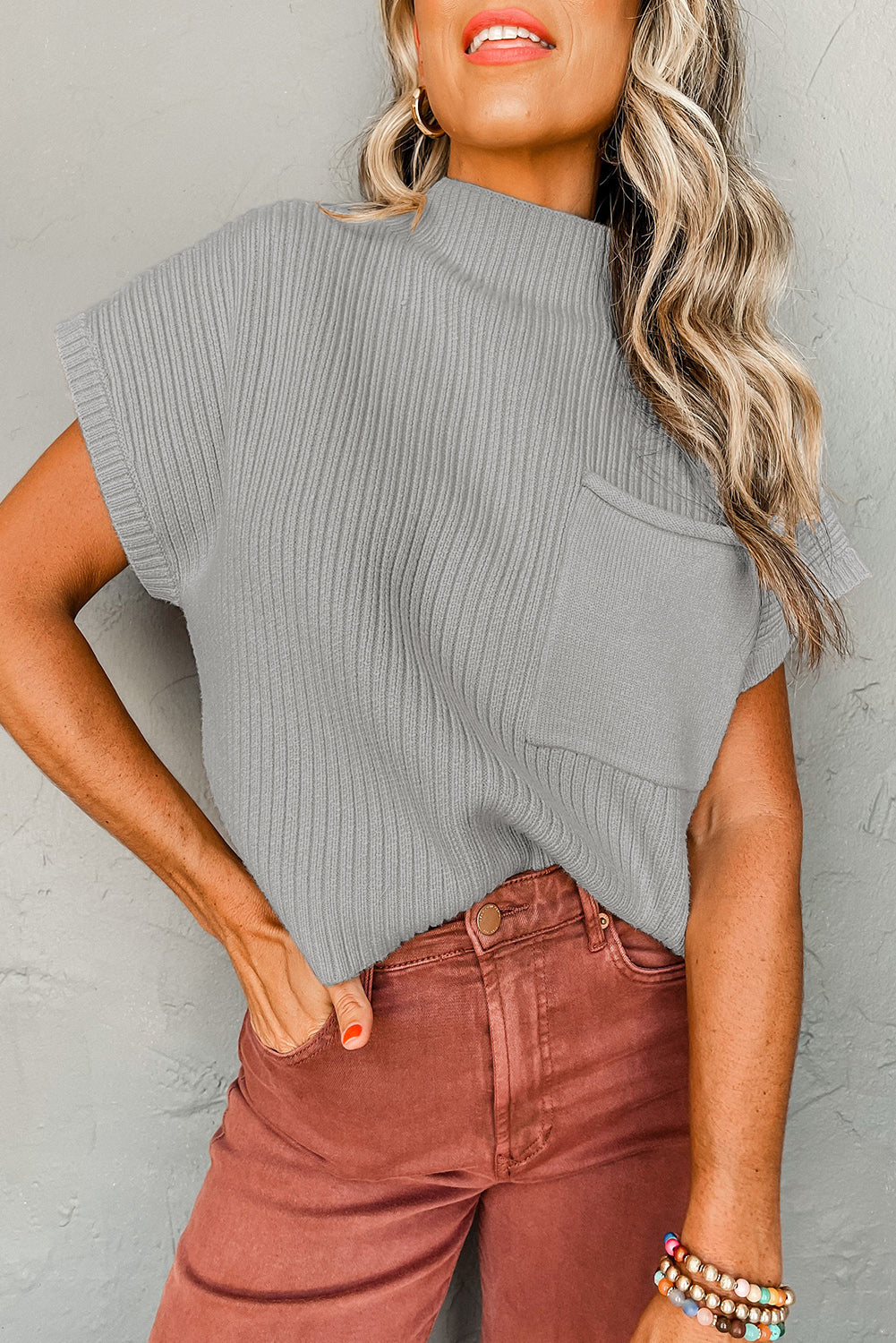 Ribbed Knit, Short Sleeve Sweater