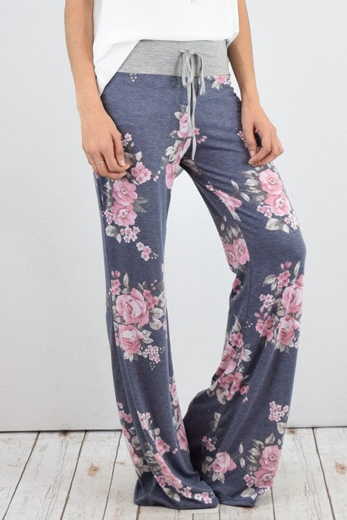 Wide-Leg Drawstring Floral Pants