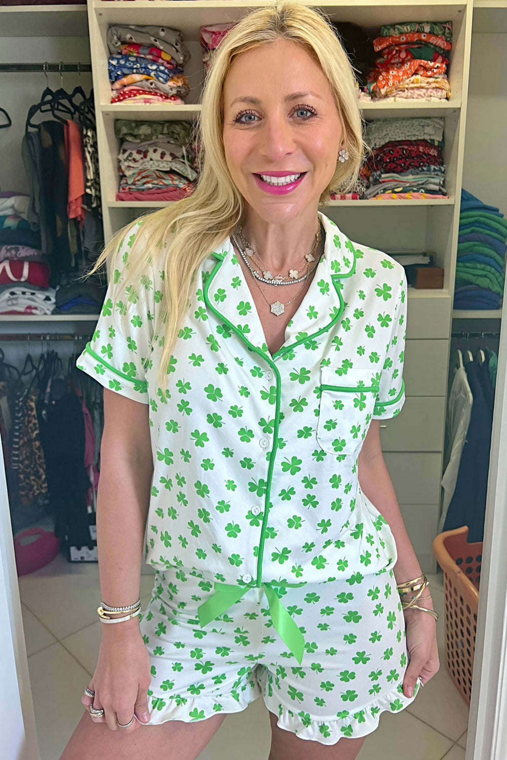 Bowknot Print, Short-Sleeve Pajama Set - Ruffled Shorts