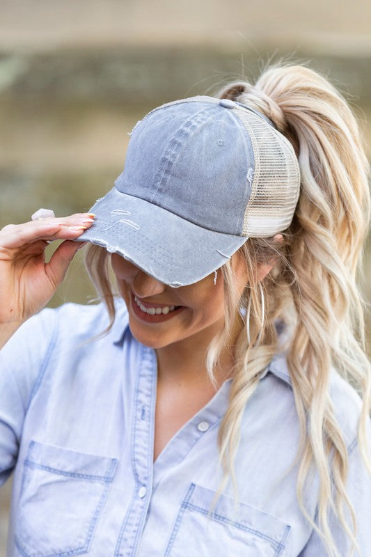 Distressed, Messy Bun Cap