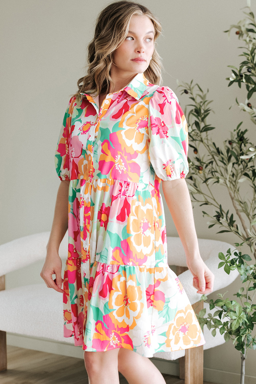 Babydoll Dress w/Floral Puff Sleeve