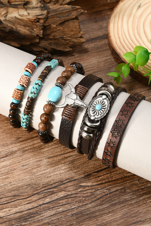 6 Piece, Western Bull Skull, Turquoise Beading Bracelet