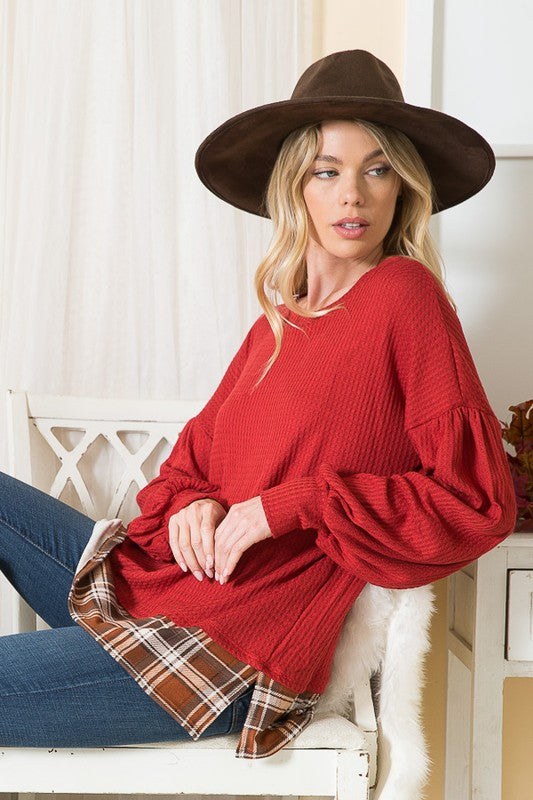 Balloon Sleeve Top - with Plaid Print Contrast