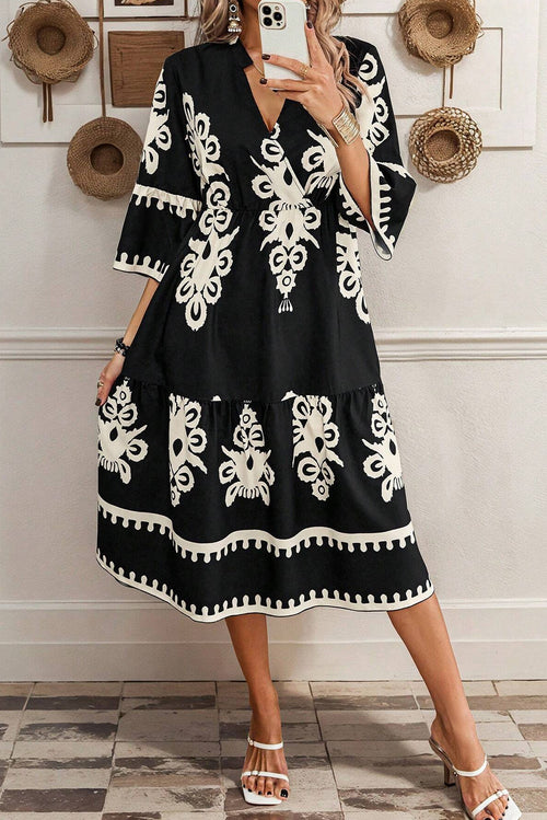 3/4 Sleeve Loose Midi Dress - Black Boho Print
