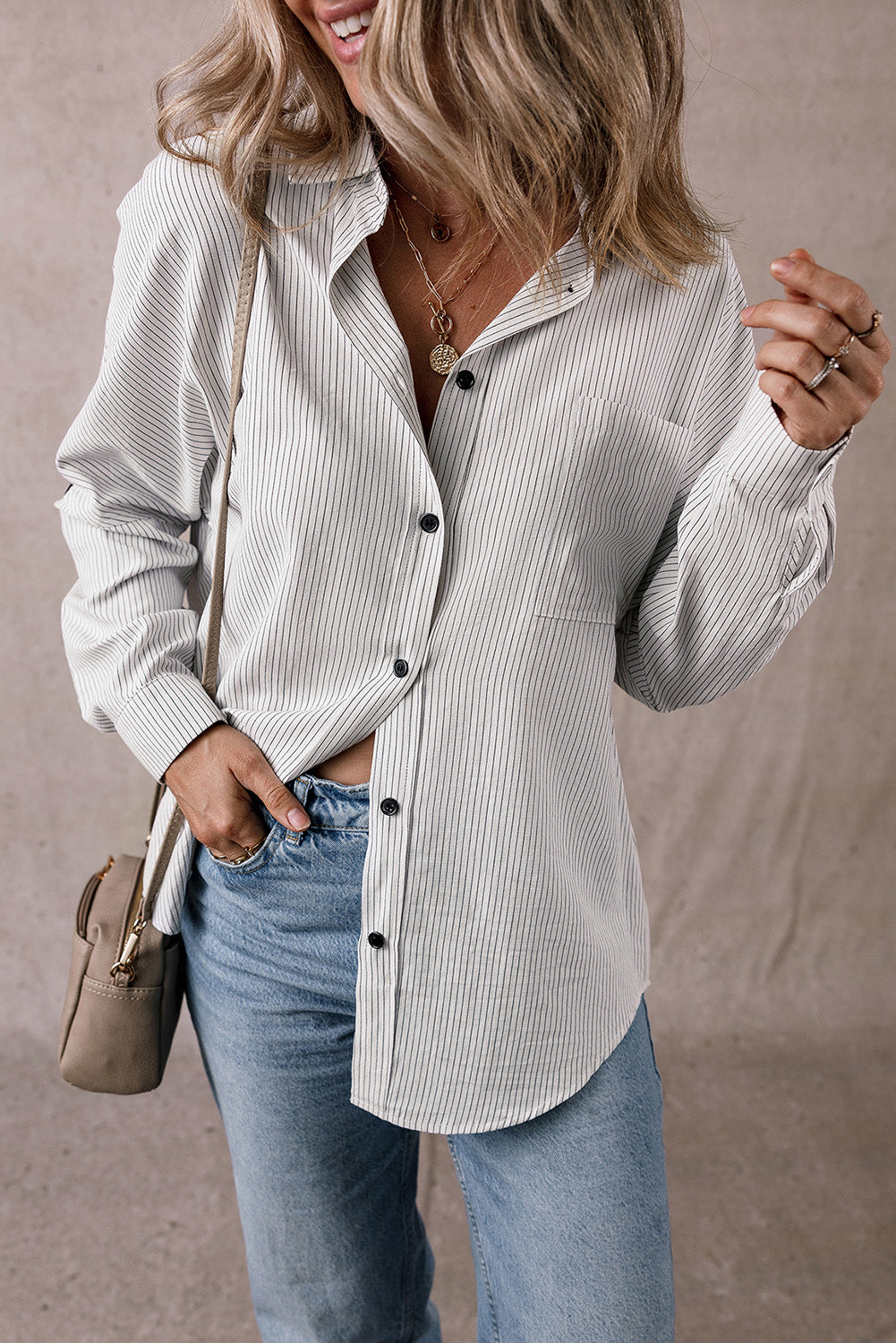 Striped Long-sleeved Shirt w/Roll-tab Sleeve