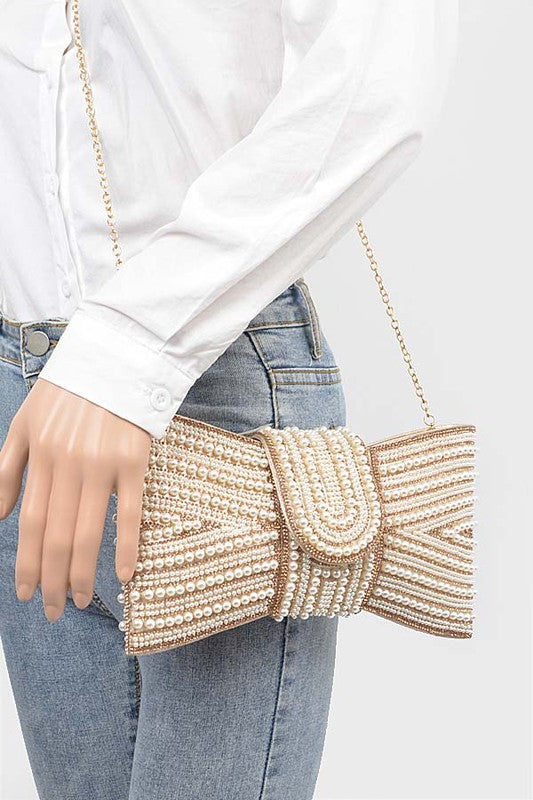 Faux Pearl-Studded Bowtie Clutch Bag