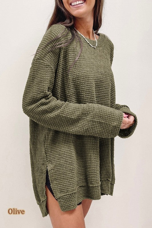 Waffle Knit Oversized Top - Side Slits