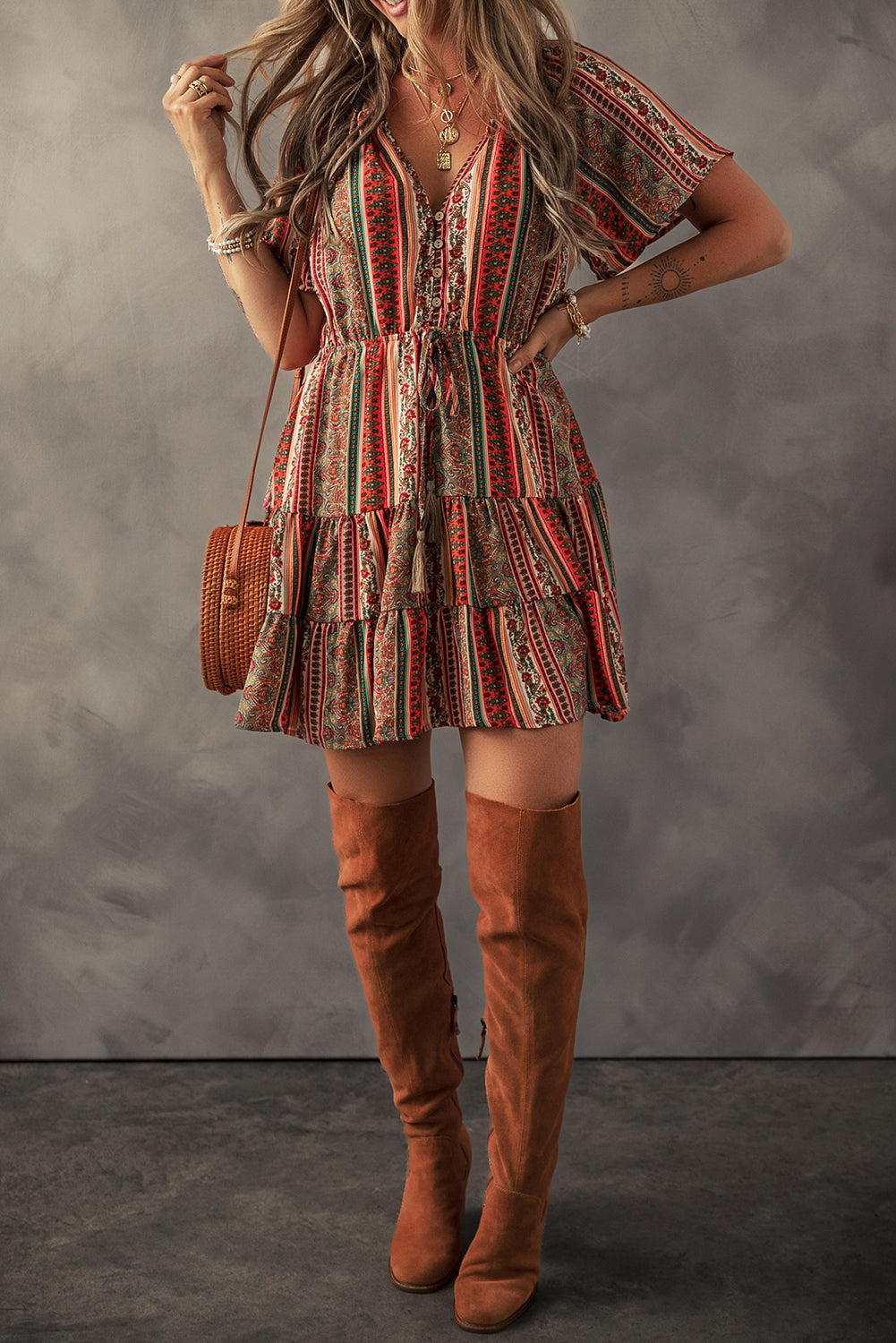Red Bohemian Ruffle Tiered Dress - Floral Print, Buttoned, V Neck