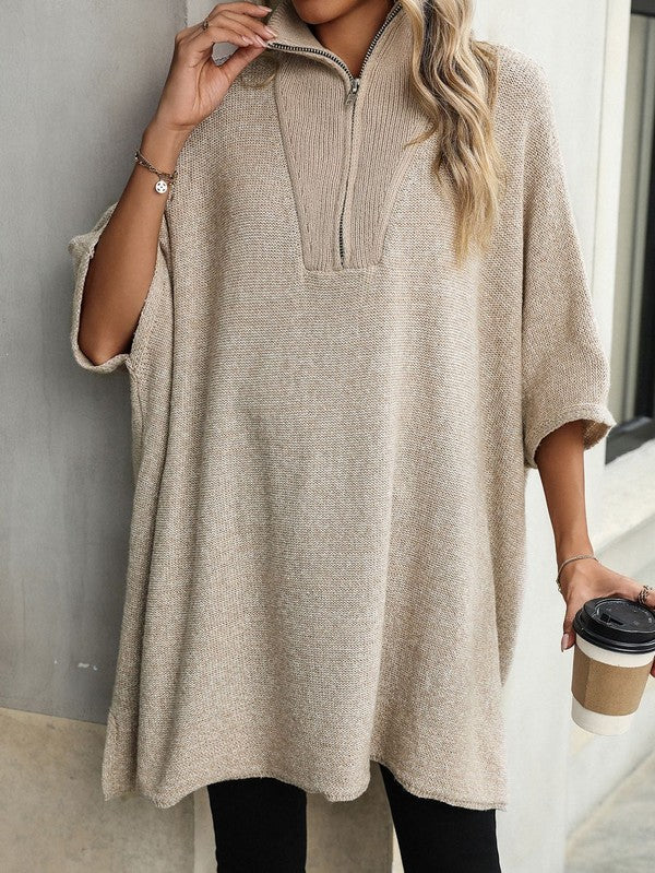 Cream Knit Poncho w/ Half-Zippered Front