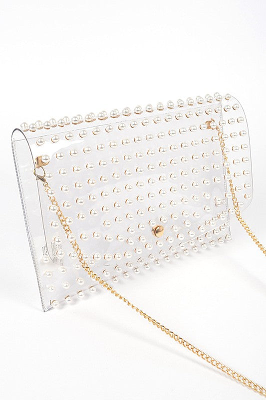 Pearl Studded Convertible Envelope Bag - Stadium Clear
