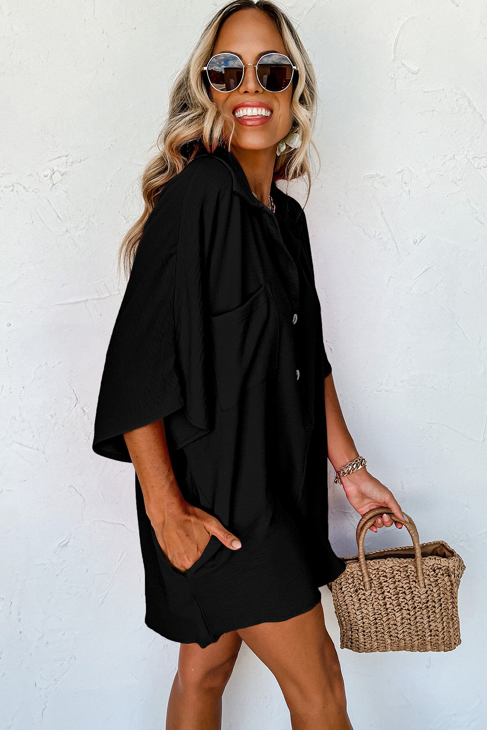 Black Loose Romper - Half Button, Collared