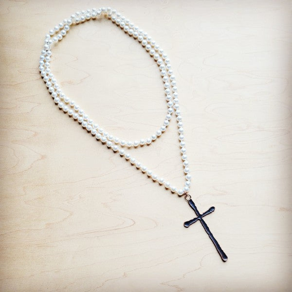 Extra Long Pearl Beaded Necklace w/ Copper Cross