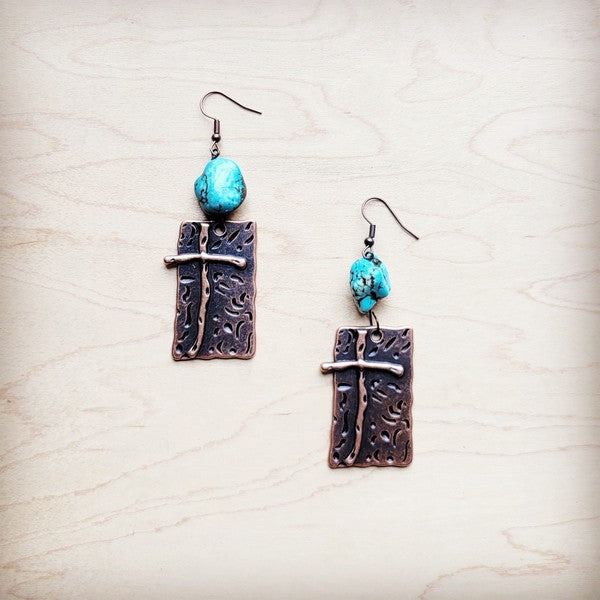 Copper Cross Earrings w/Magnesite Turquoise Chunks