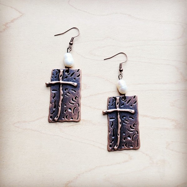 Copper Cross Earrings w/Freshwater Pearls