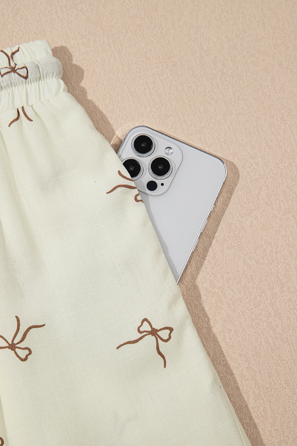 White, Bow Print, Drawstring Shorts