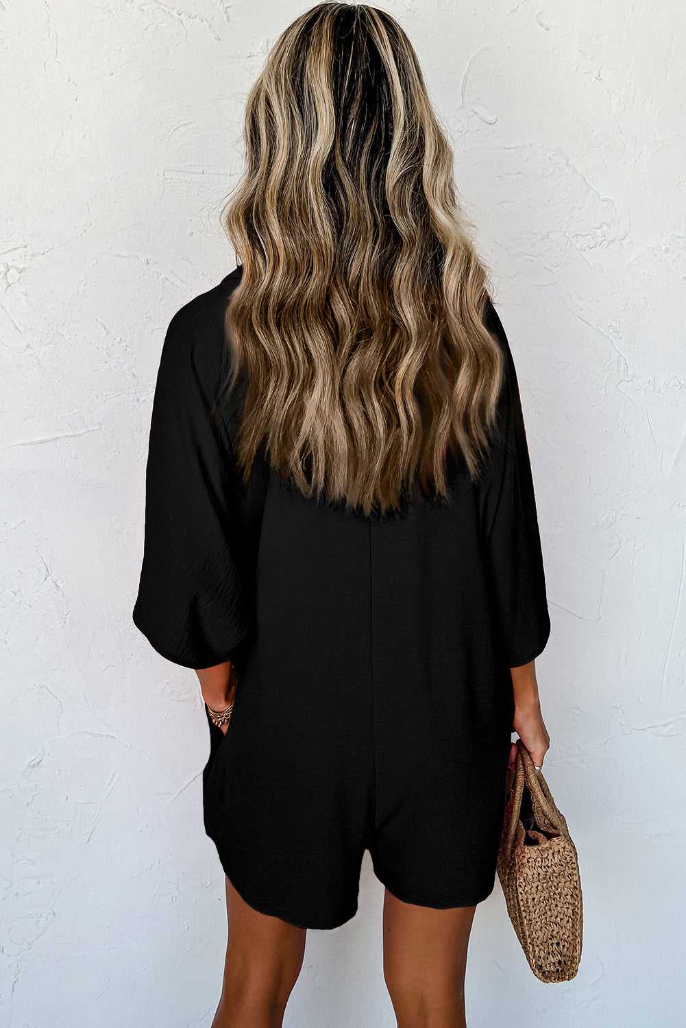 Black Loose Romper - Half Button, Collared