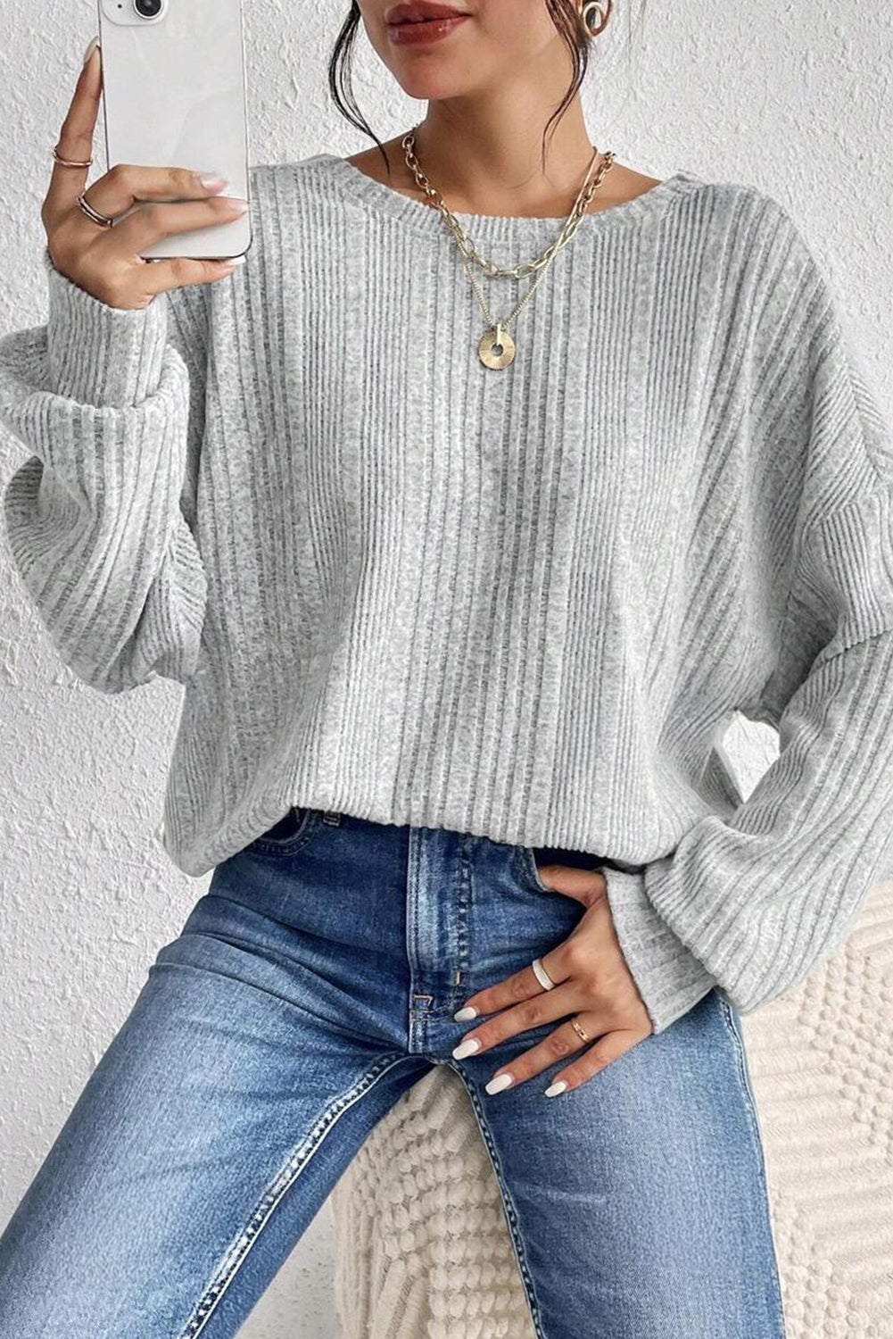 Light Grey, Crossover, Backless Long Sleeve Top