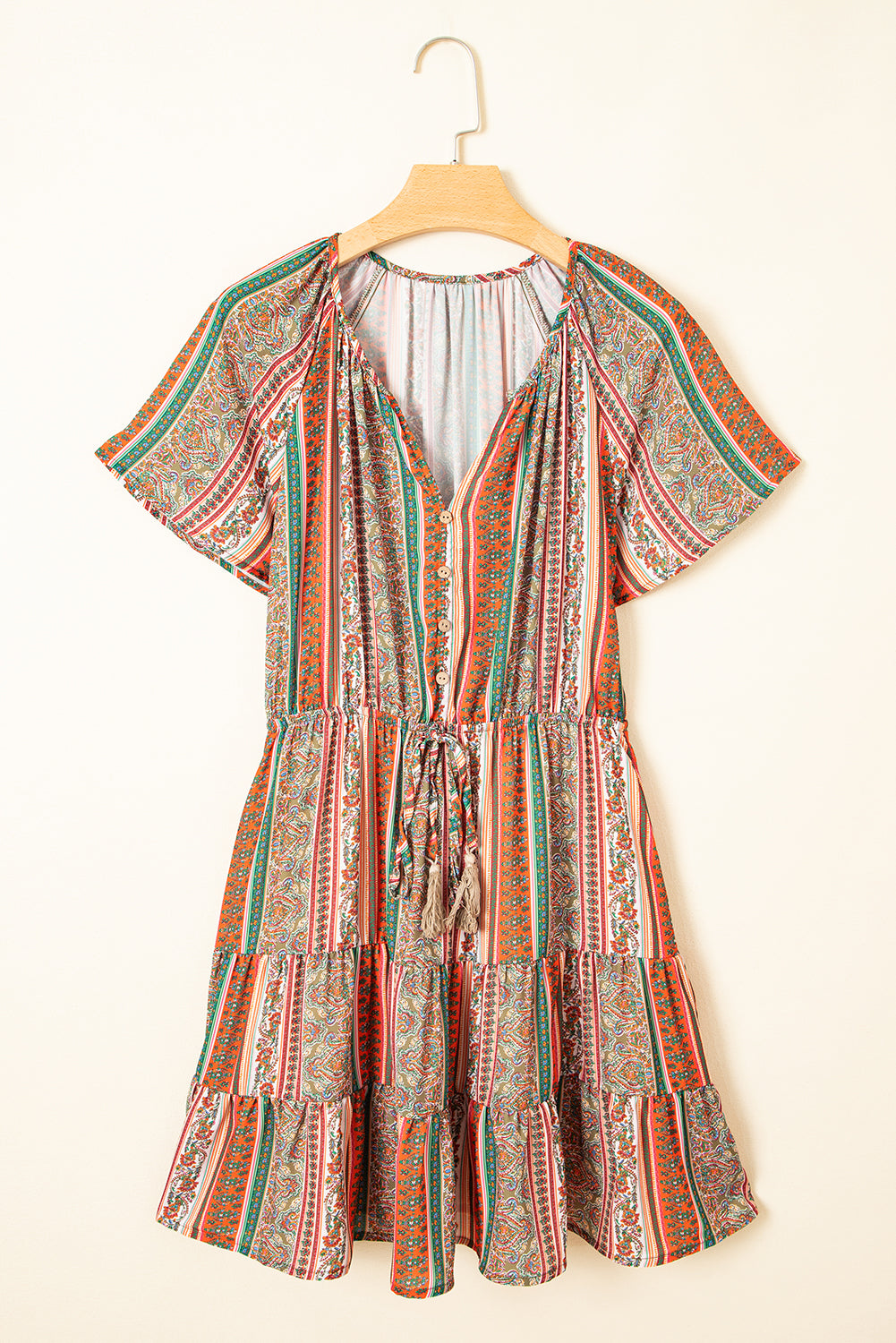 Red Bohemian Ruffle Tiered Dress - Floral Print, Buttoned, V Neck