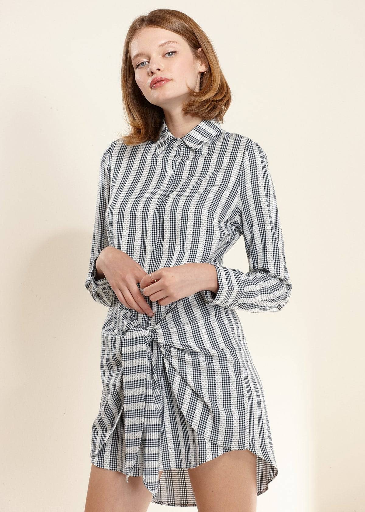 Cross Wrap Shirt Dress in Ditsy Gingham