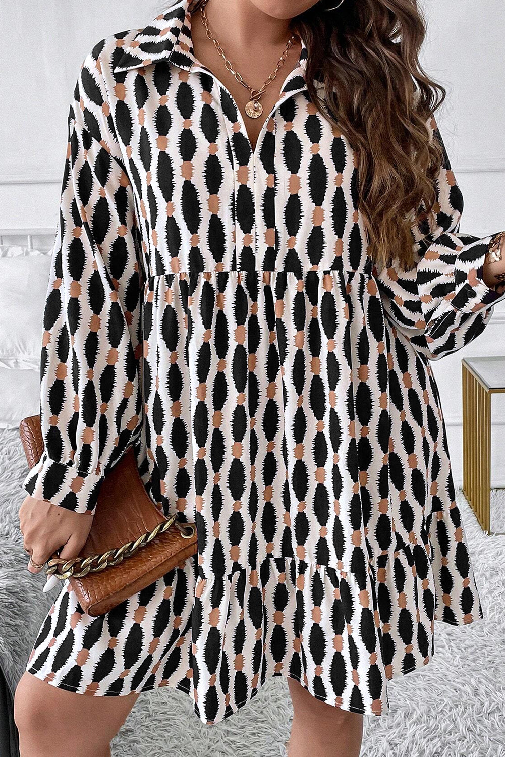 Apricot Geometric Print Mini Dress - Plus Sizes