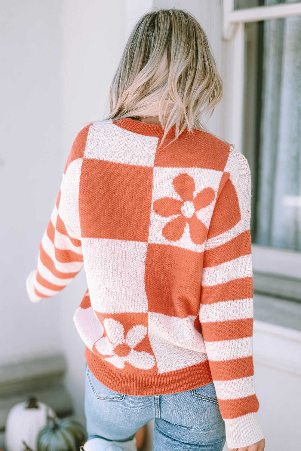 Checkered Floral Print Sweater