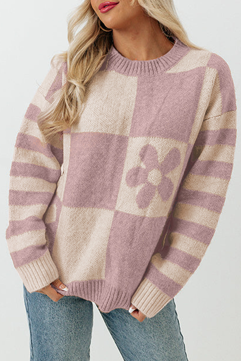 Checkered Floral Print Sweater