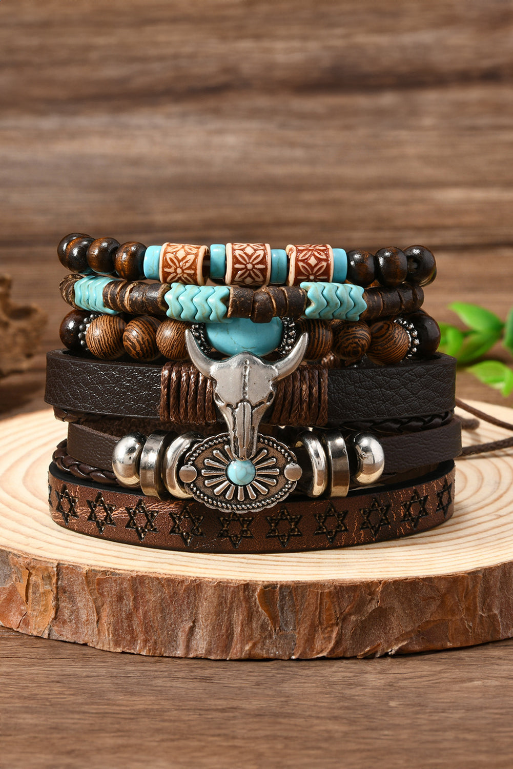 6 Piece, Western Bull Skull, Turquoise Beading Bracelet