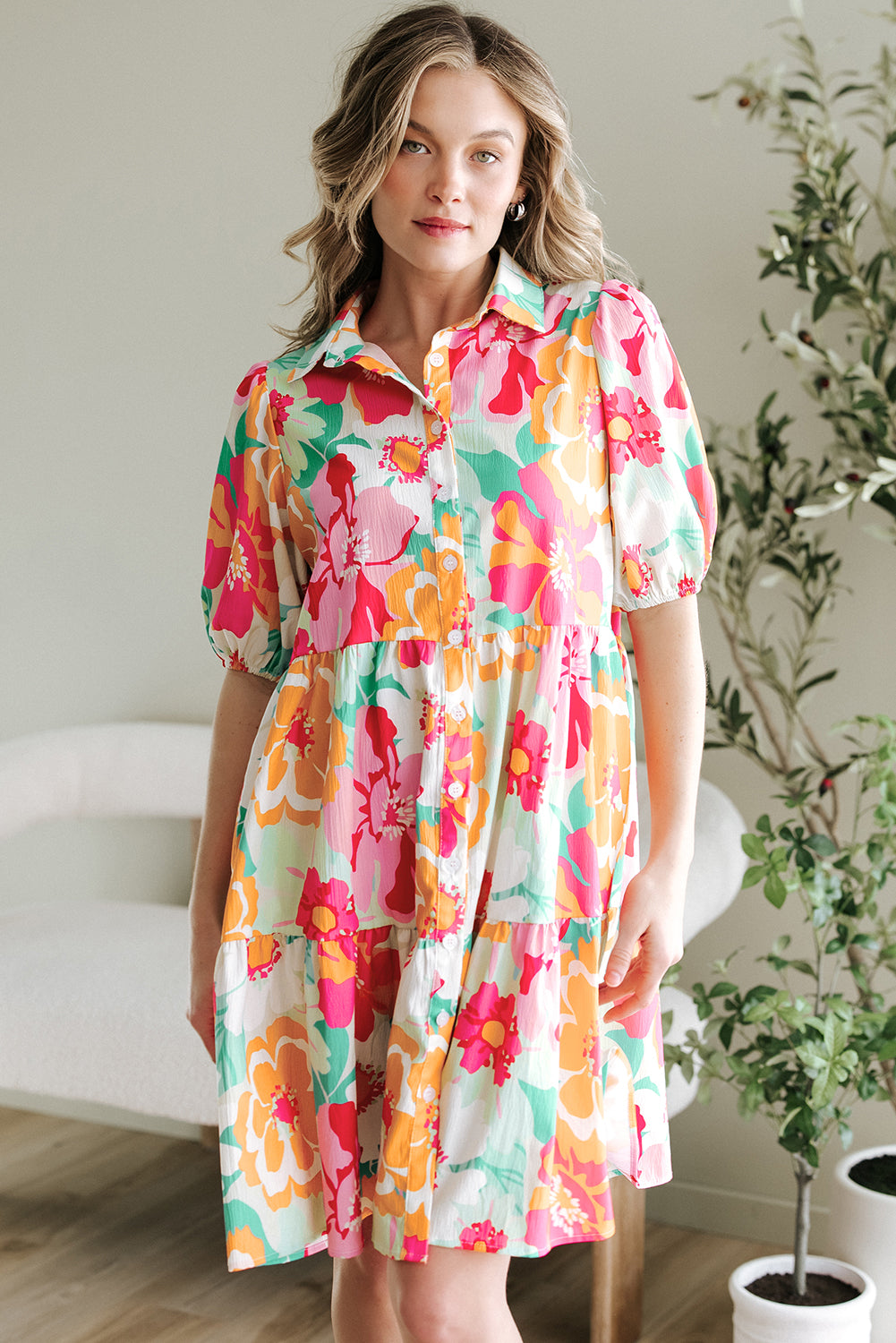 Babydoll Dress w/Floral Puff Sleeve