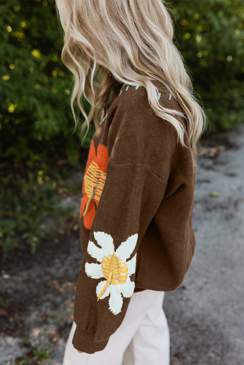 Eye-Catching Floral-Patterned Drop Shoulder Sweater
