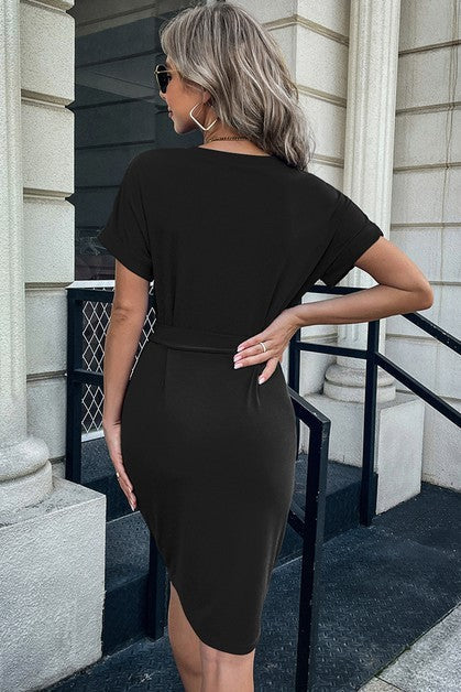V-Neck Dress - Solid Button Detail, Cuffed Sleeves