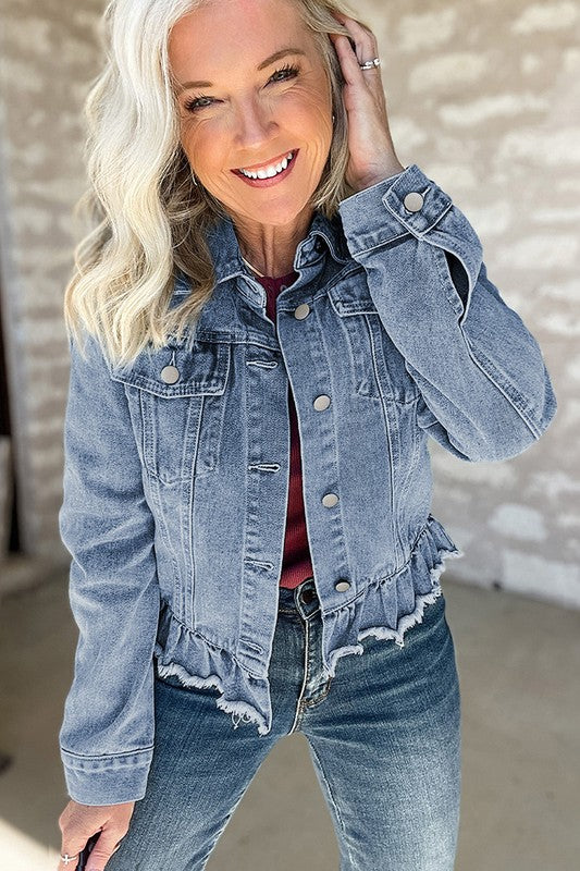 Beau Blue, Ruffle Raw Hem Denim Jacket