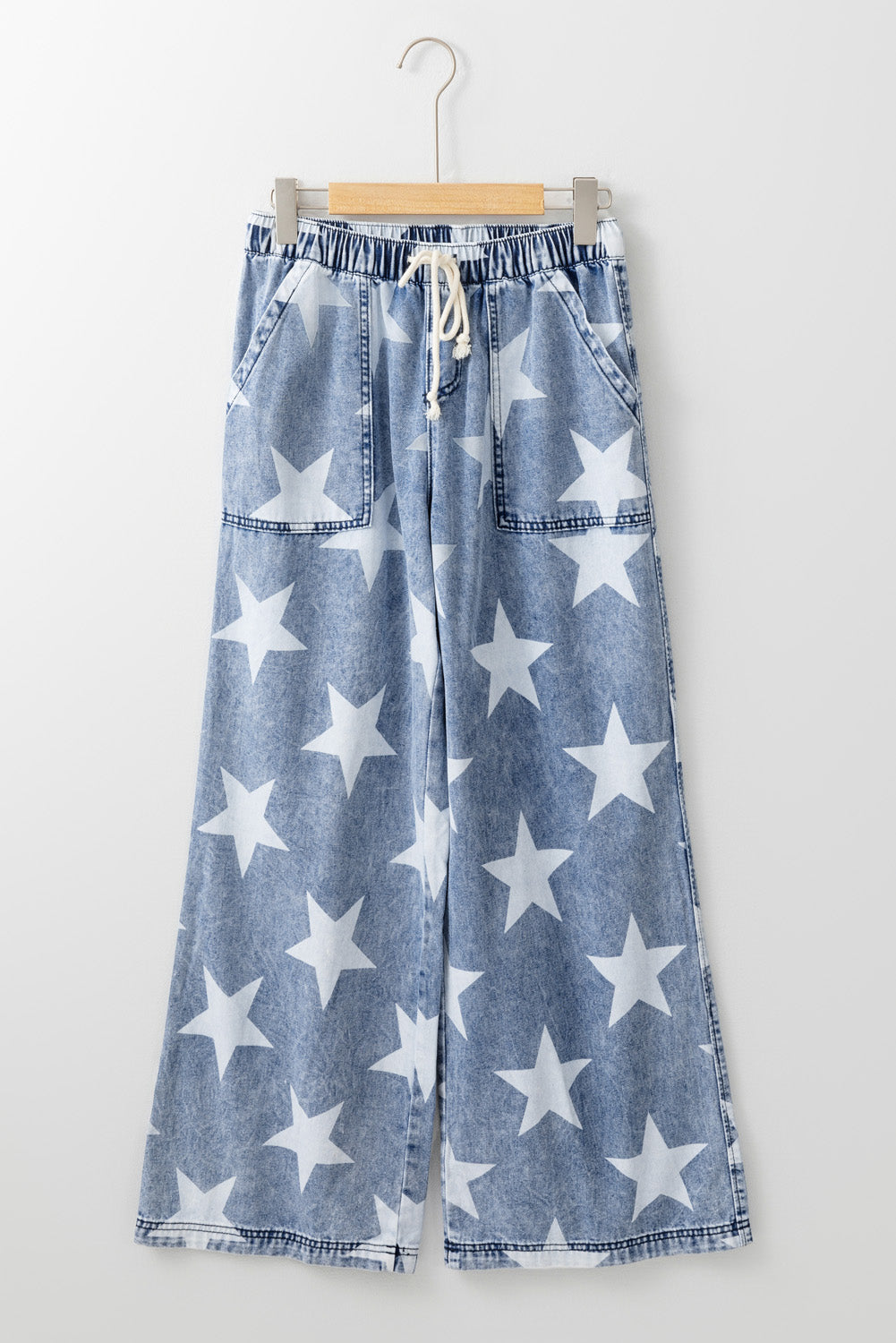 Light Blue, Star Print, Wide Leg Jeans - Light Wash, Drawstring Elastic Waistband